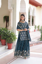 Rich Faux Georgette Embroidered Kurtiâ€“Sharara Suit