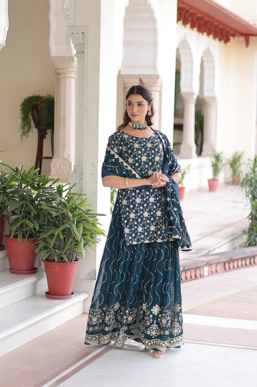Rich Faux Georgette Embroidered Kurtiâ€“Sharara Suit