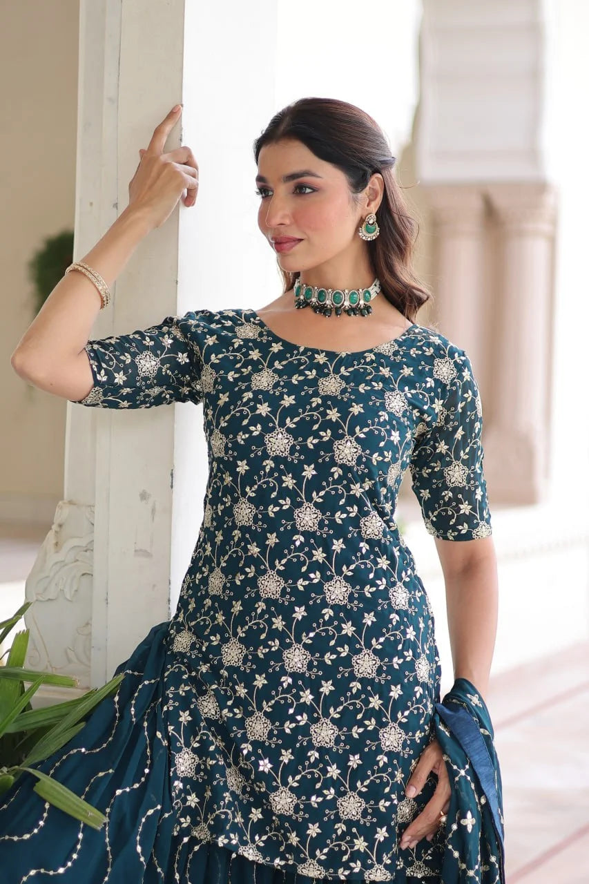Rich Faux Georgette Embroidered Kurtiâ€“Sharara Suit