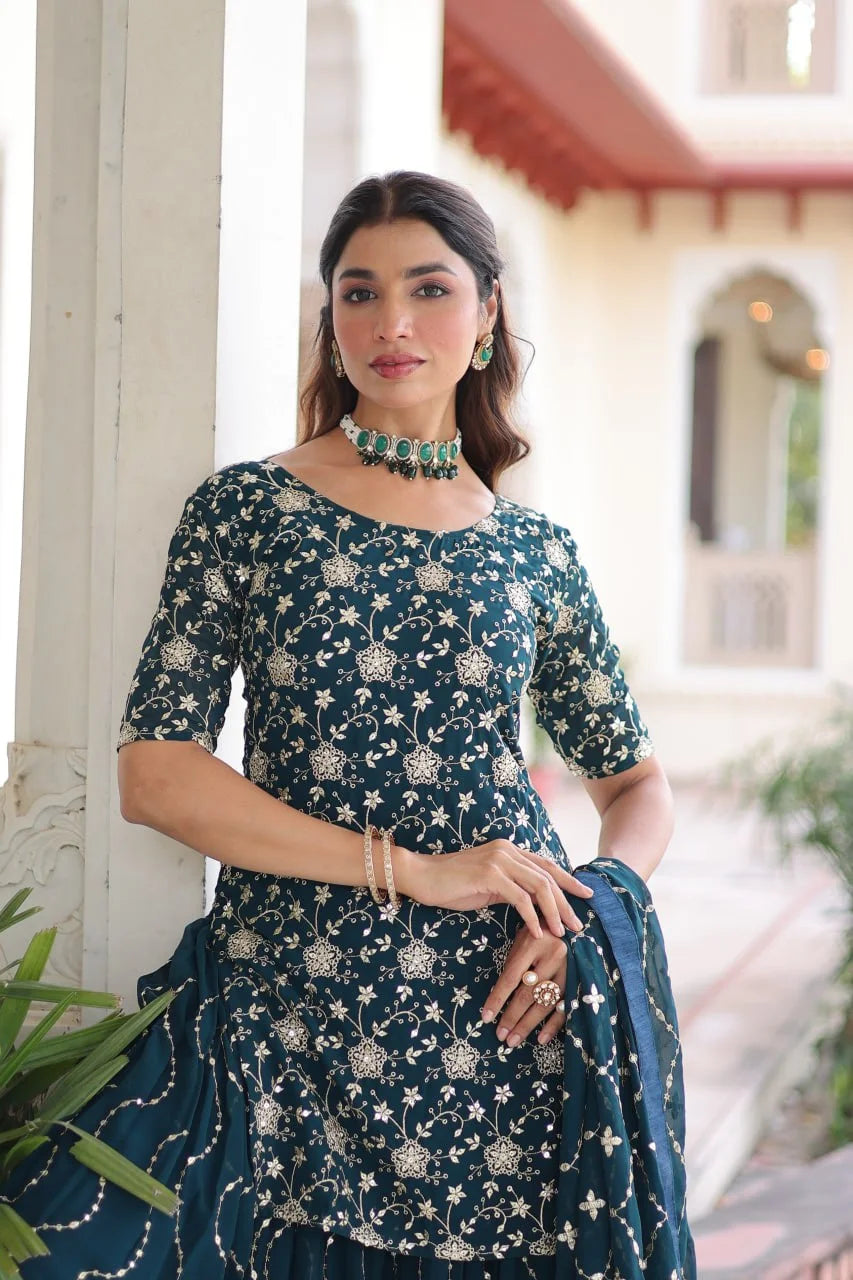 Rich Faux Georgette Embroidered Kurtiâ€“Sharara Suit