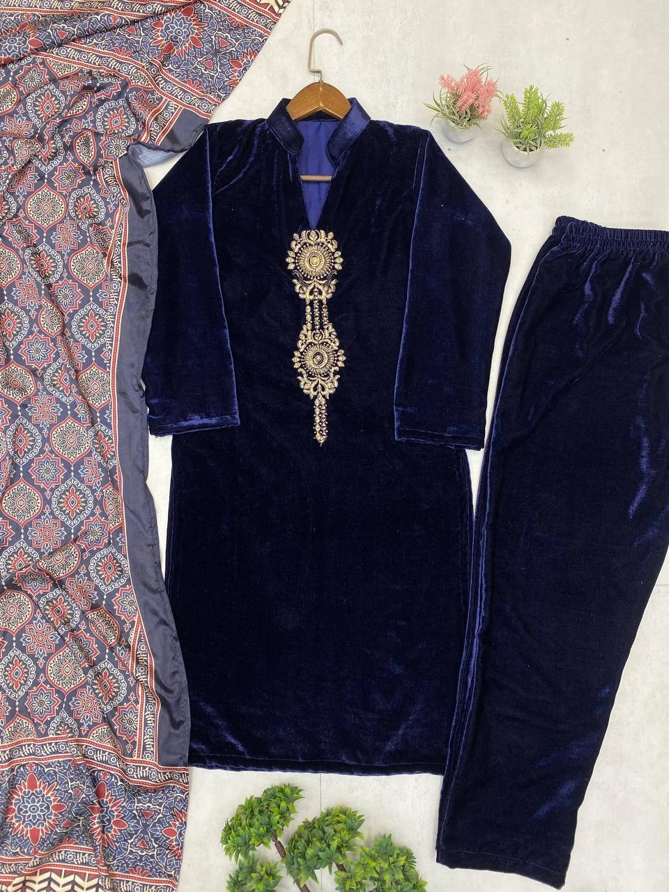 Designer Velvet Embroidery Top with Matching Pant