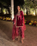 Velvet Sequence Embroidered Top with Crape Silk Pant & Organza Dupatta