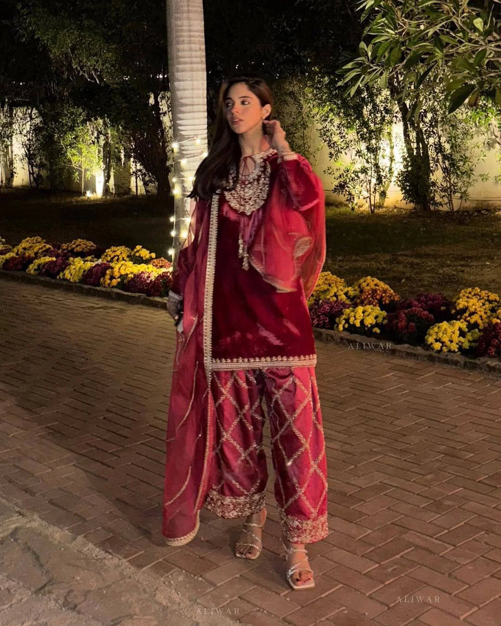 Velvet Sequence Embroidered Top with Crape Silk Pant & Organza Dupatta