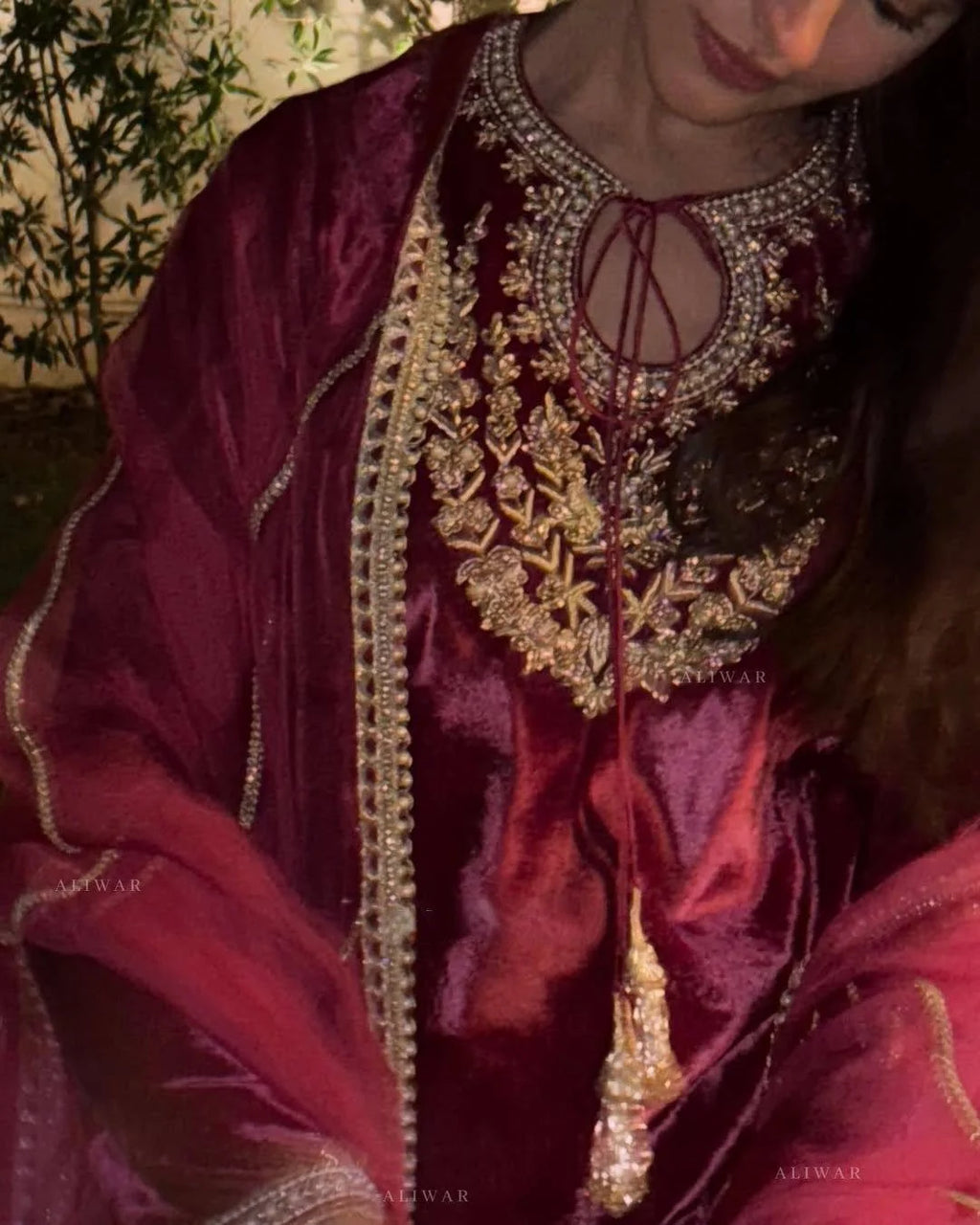 Velvet Sequence Embroidered Top with Crape Silk Pant & Organza Dupatta