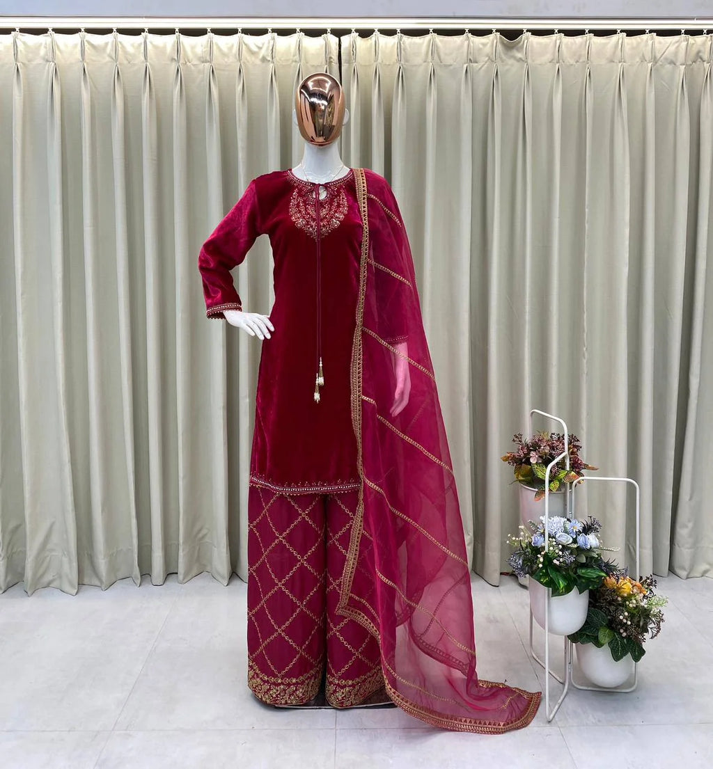 Velvet Sequence Embroidered Top with Crape Silk Pant & Organza Dupatta