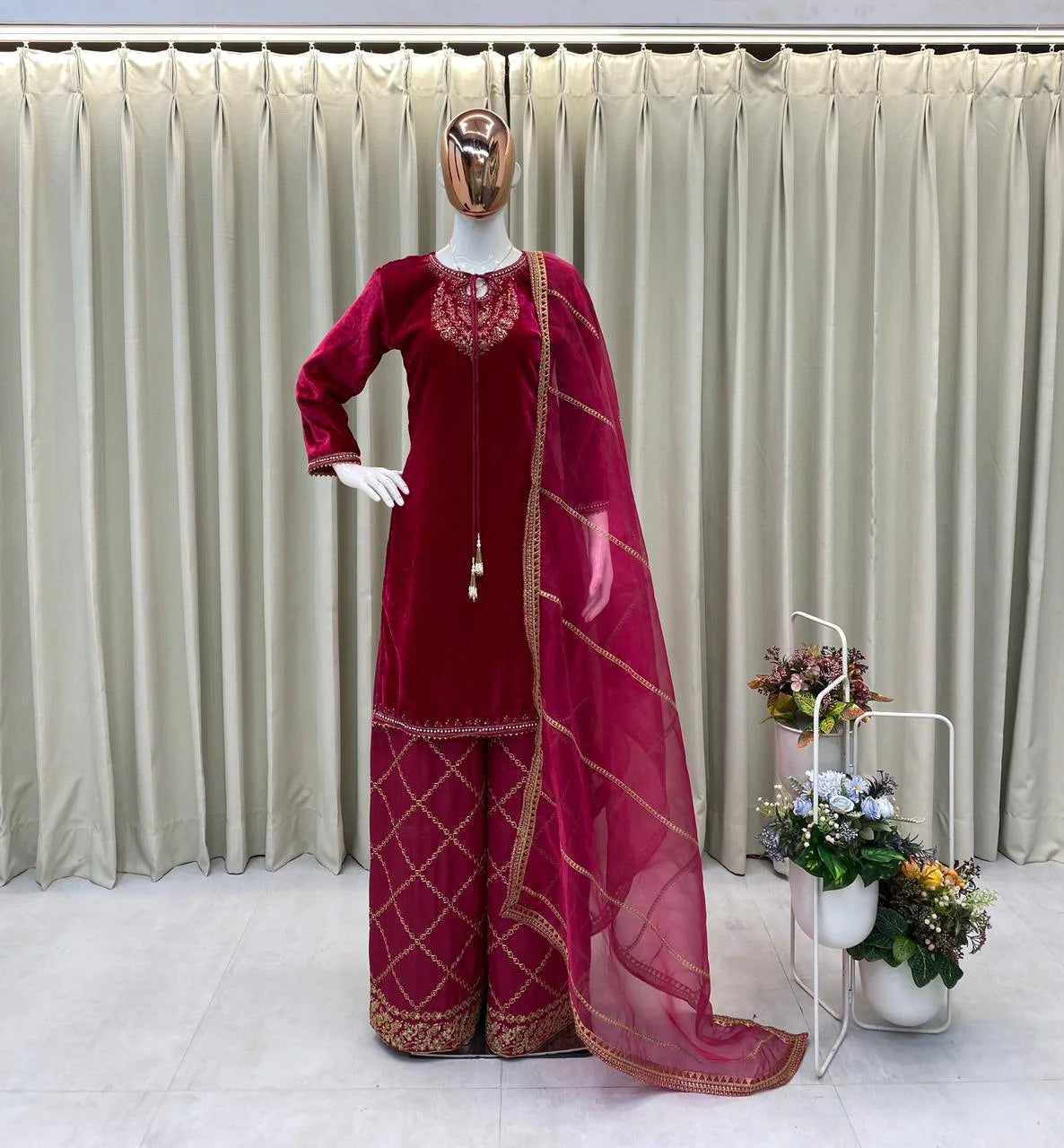 Velvet Sequence Embroidered Top with Crape Silk Pant & Organza Dupatta