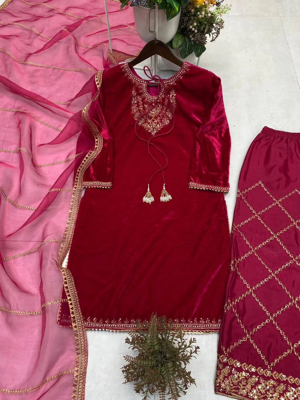 Velvet Sequence Embroidered Top with Crape Silk Pant & Organza Dupatta
