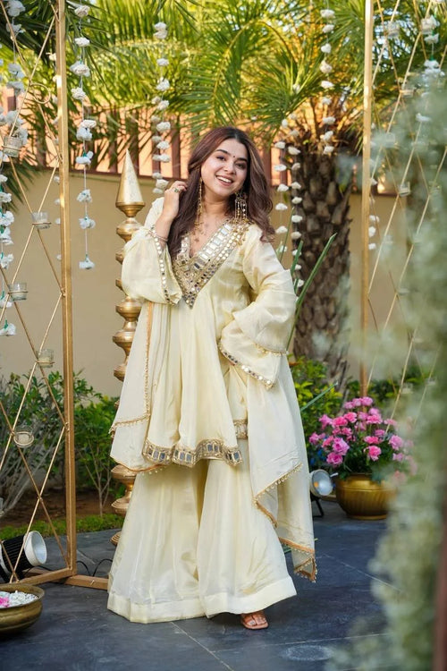Cosmos Gold Jari Silk Real-Mirror Work Top & Sharara Set with Lace Dupatta