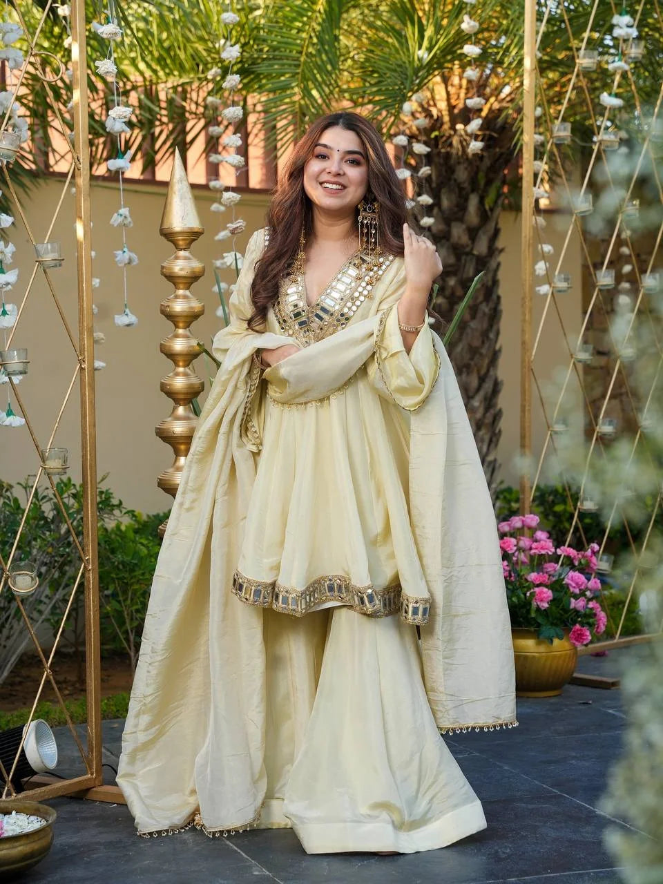Cosmos Gold Jari Silk Real-Mirror Work Top & Sharara Set with Lace Dupatta