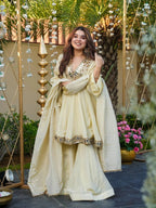 Cosmos Gold Jari Silk Real-Mirror Work Top & Sharara Set with Lace Dupatta