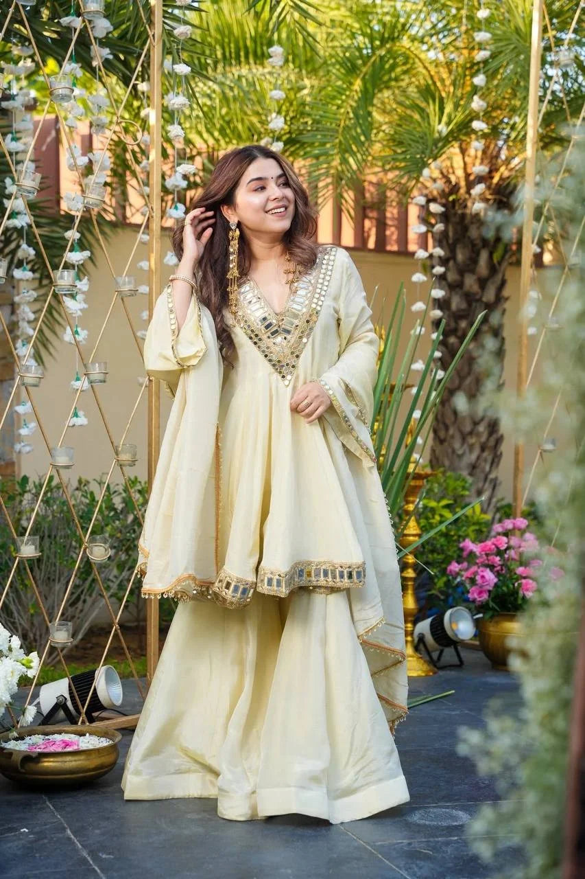 Cosmos Gold Jari Silk Real-Mirror Work Top & Sharara Set with Lace Dupatta