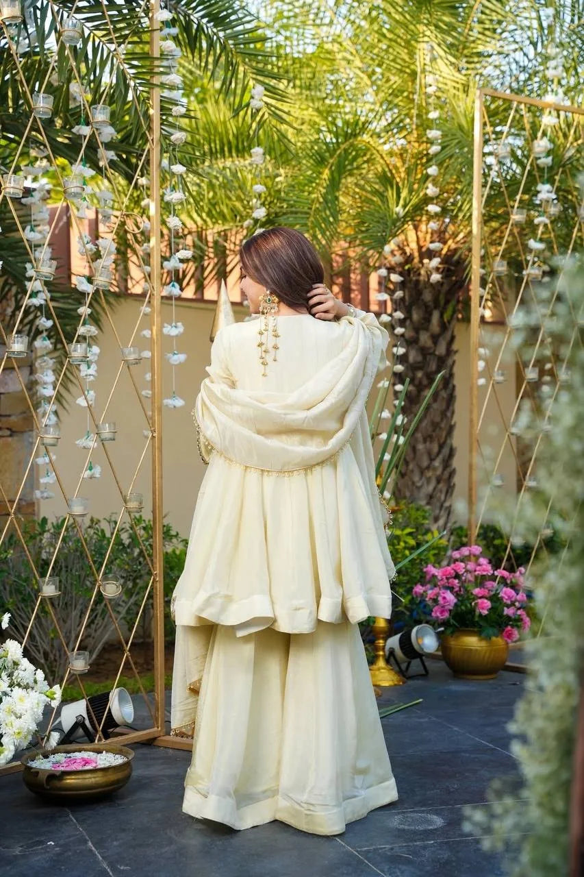 Cosmos Gold Jari Silk Real-Mirror Work Top & Sharara Set with Lace Dupatta