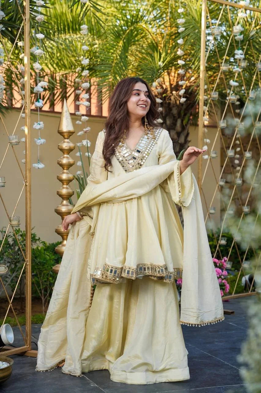 Cosmos Gold Jari Silk Real-Mirror Work Top & Sharara Set with Lace Dupatta