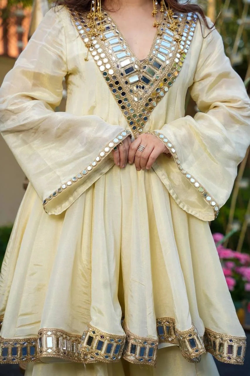 Cosmos Gold Jari Silk Real-Mirror Work Top & Sharara Set with Lace Dupatta