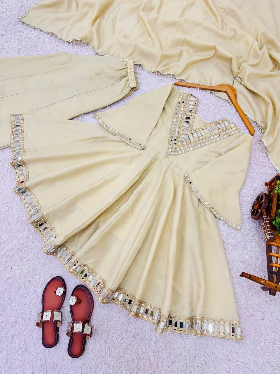Cosmos Gold Jari Silk Real-Mirror Work Top & Sharara Set with Lace Dupatta