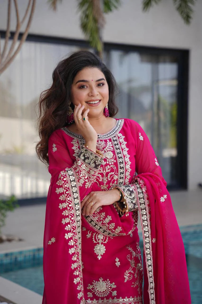 Classic Festive Style: Embroidered Georgette Suit Set with Dupatta