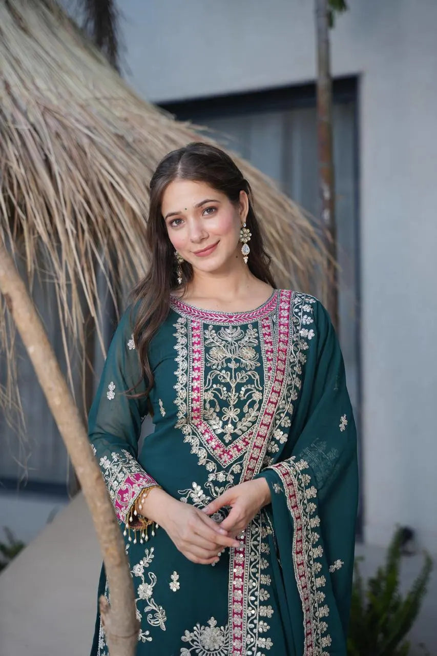 Ethnic Grace: Georgette Sequence Work 3-Piece Palazzo Ensemble