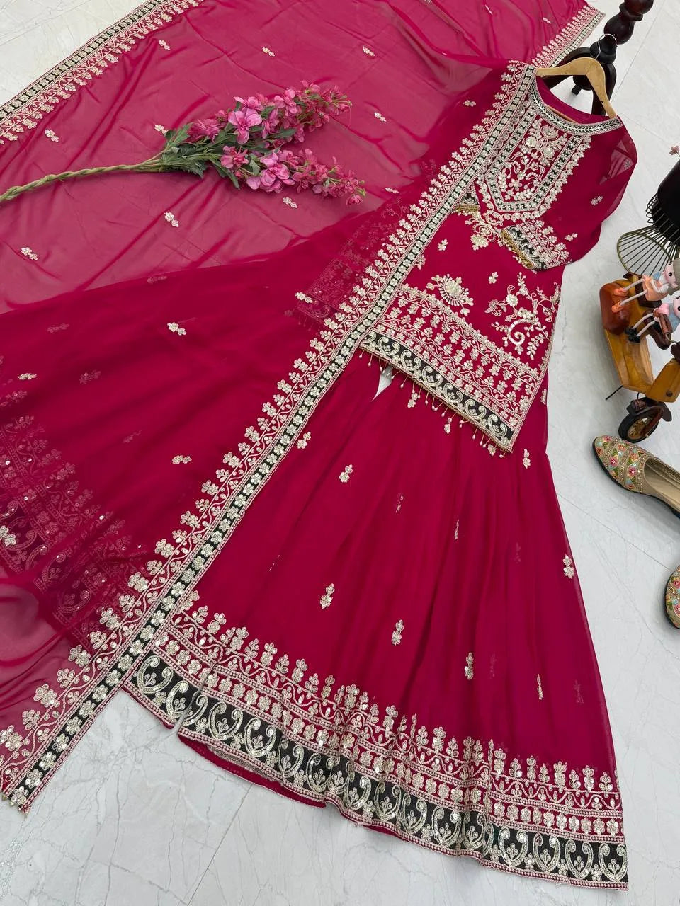 Classic Festive Style: Embroidered Georgette Suit Set with Dupatta