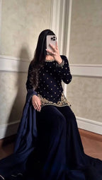 Viscose Velvet Embroidered Topâ€“Plazzo Set with Fancy Lace Dupatta