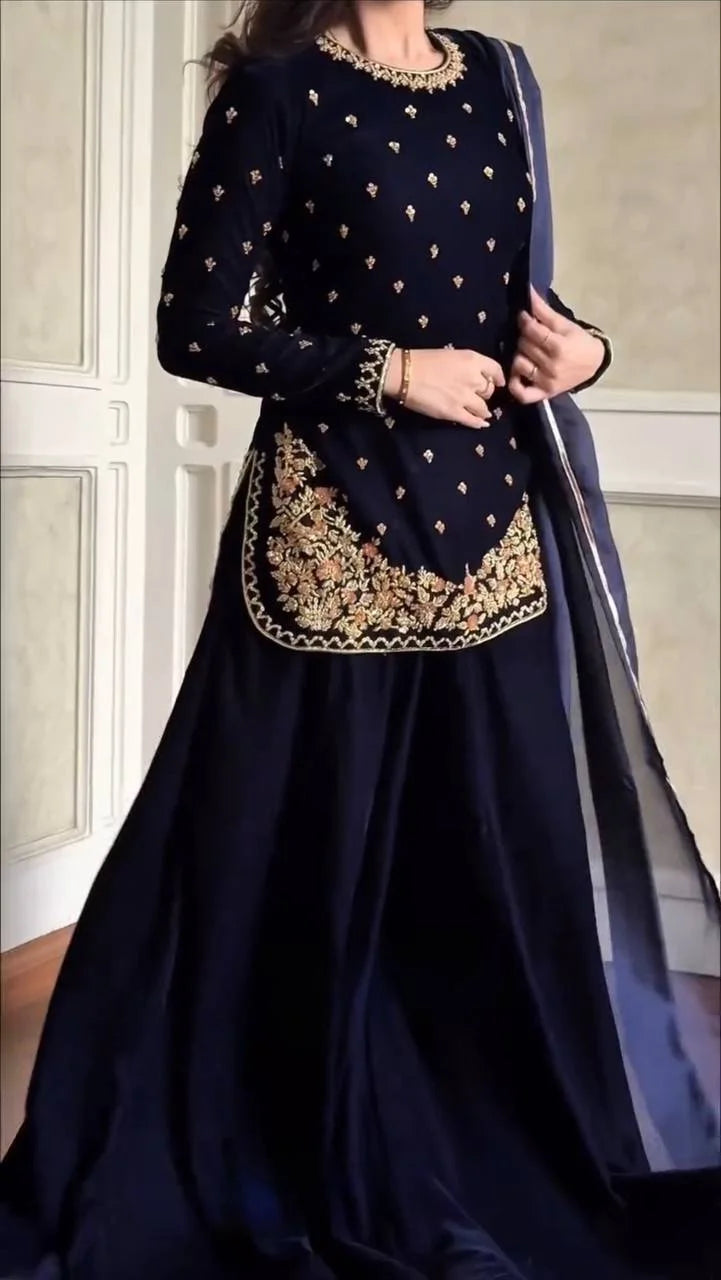 Viscose Velvet Embroidered Topâ€“Plazzo Set with Fancy Lace Dupatta
