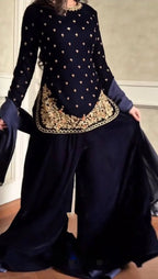 Viscose Velvet Embroidered Topâ€“Plazzo Set with Fancy Lace Dupatta