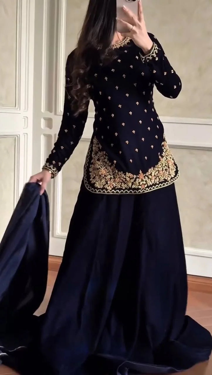 Viscose Velvet Embroidered Topâ€“Plazzo Set with Fancy Lace Dupatta