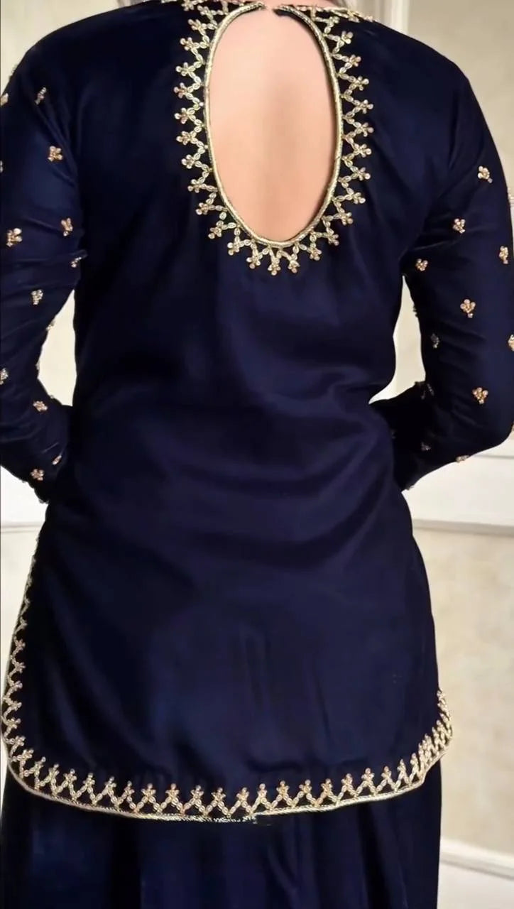 Viscose Velvet Embroidered Topâ€“Plazzo Set with Fancy Lace Dupatta