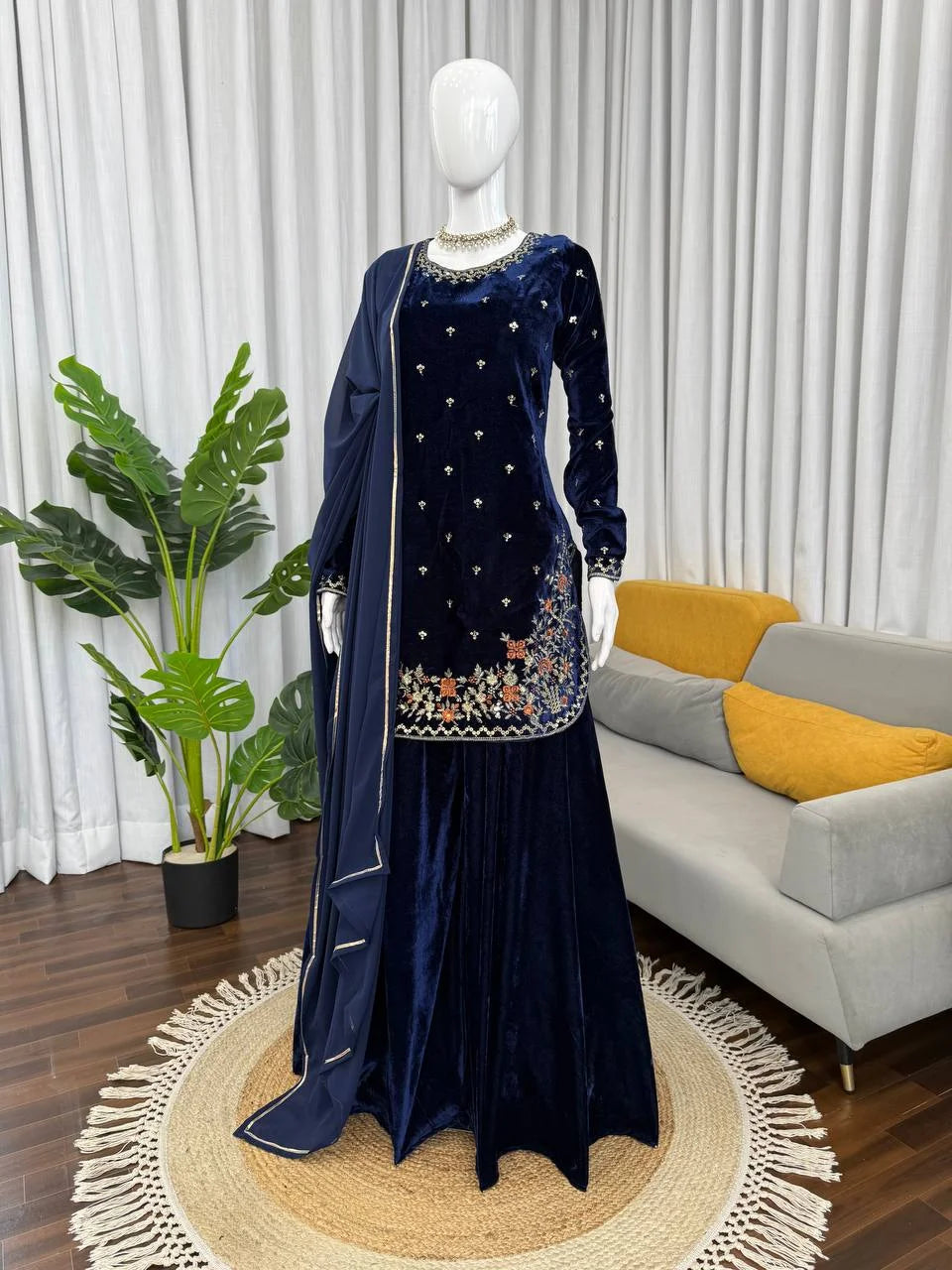 Viscose Velvet Embroidered Topâ€“Plazzo Set with Fancy Lace Dupatta