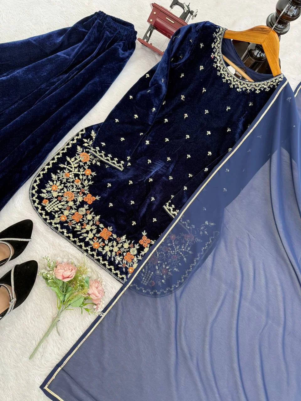 Viscose Velvet Embroidered Topâ€“Plazzo Set with Fancy Lace Dupatta