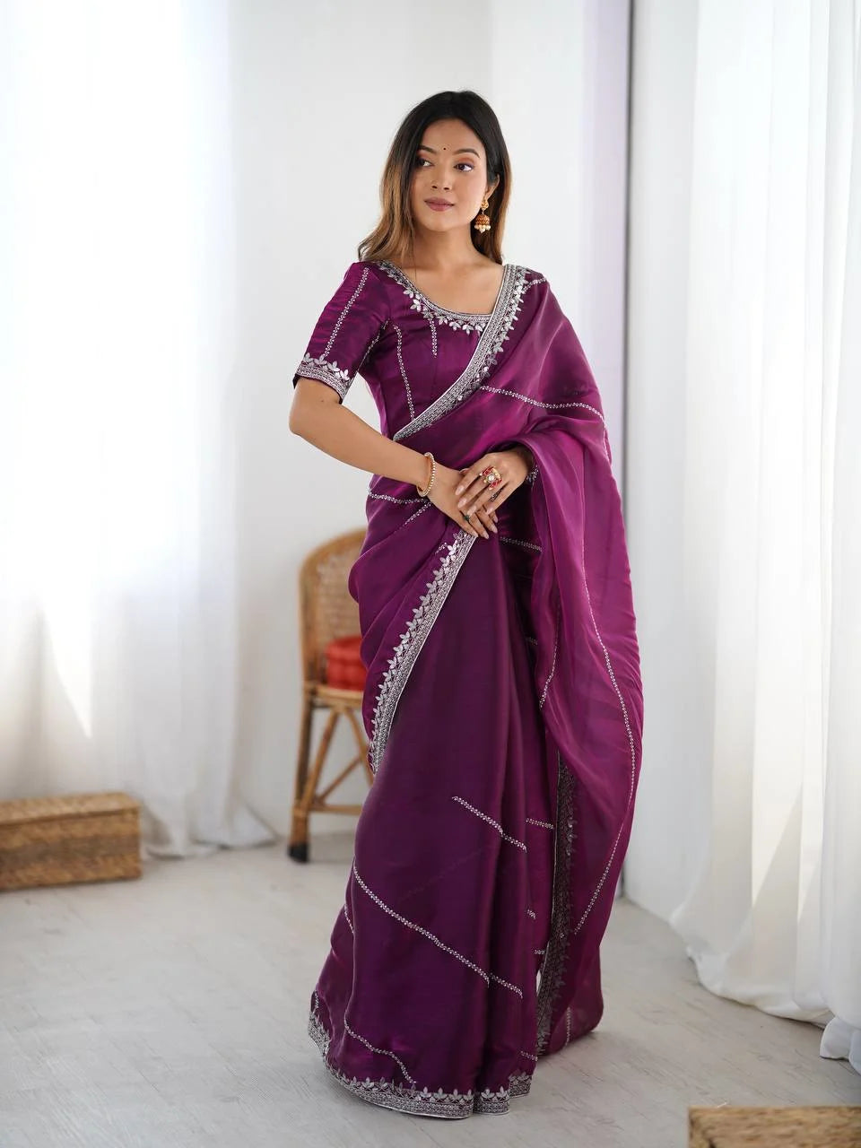 Luxury Wine Silk Saree with Intricate Thread Sequnce Work & Designer Blouse