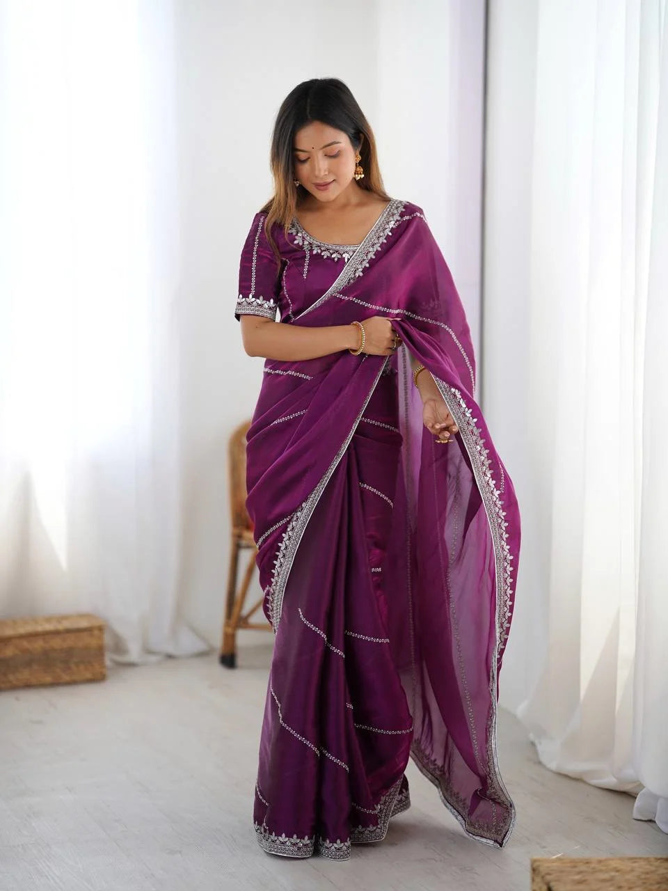 Luxury Wine Silk Saree with Intricate Thread Sequnce Work & Designer Blouse