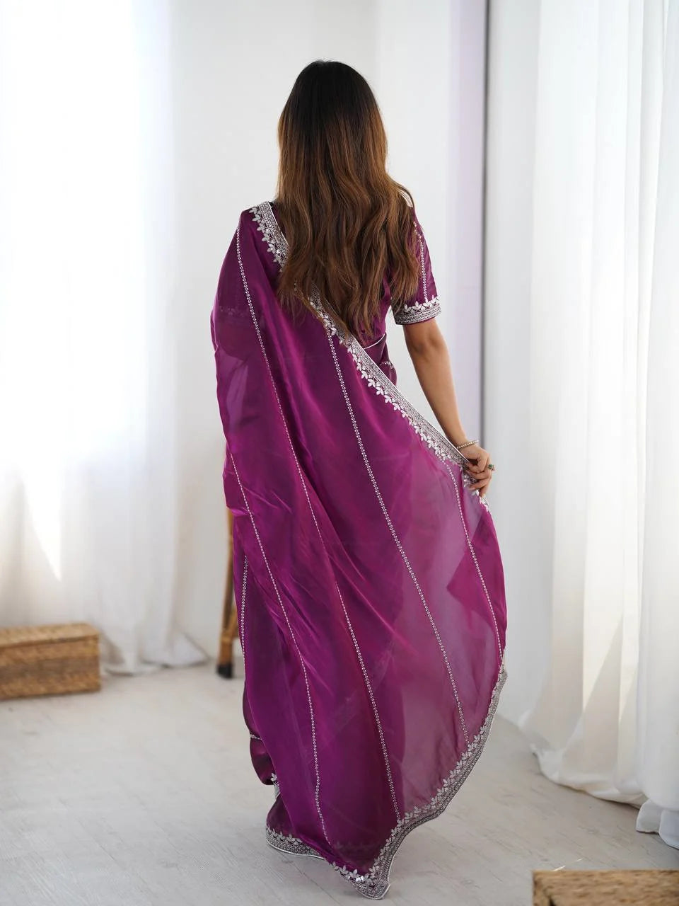 Luxury Wine Silk Saree with Intricate Thread Sequnce Work & Designer Blouse