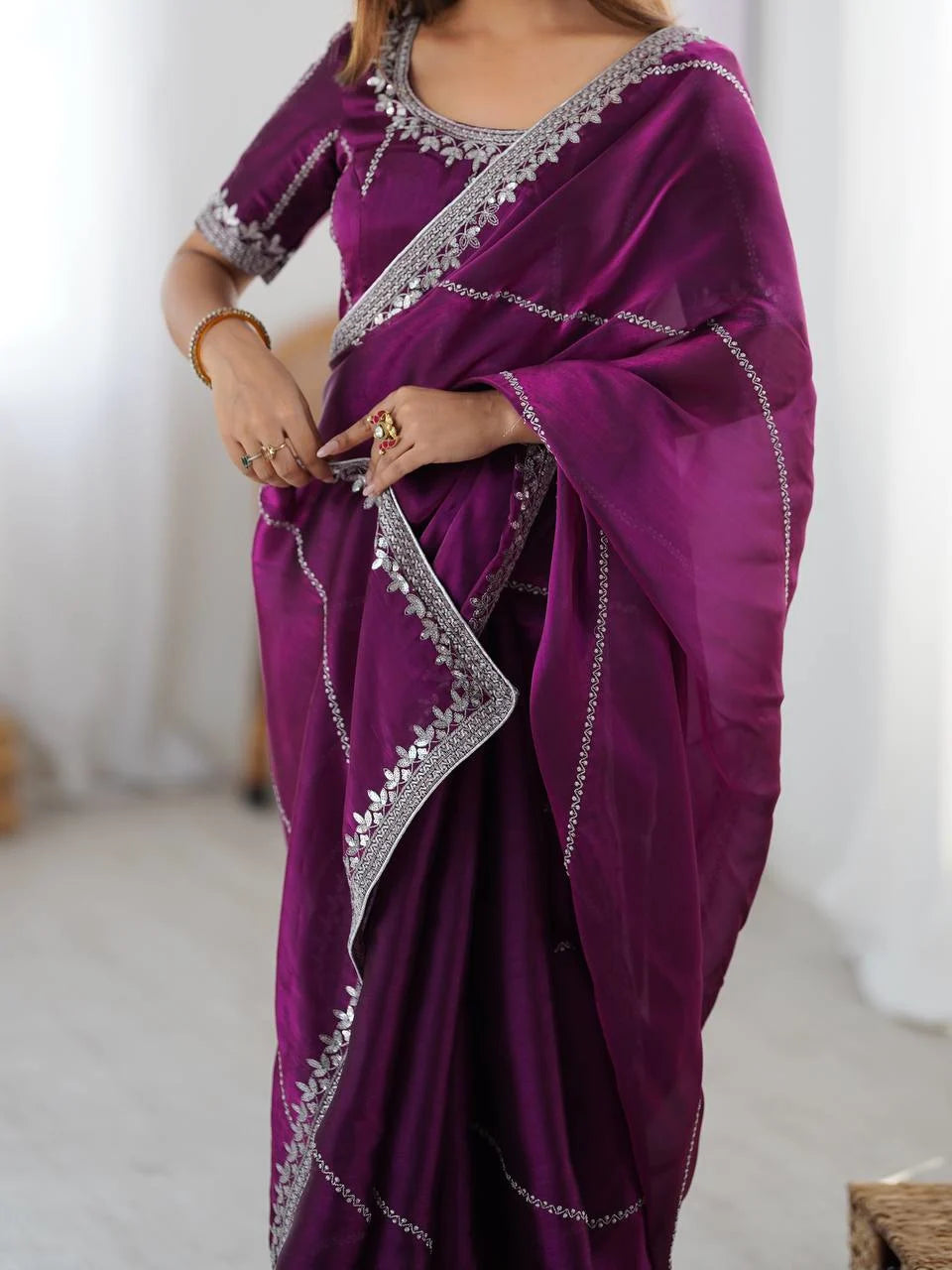 Luxury Wine Silk Saree with Intricate Thread Sequnce Work & Designer Blouse