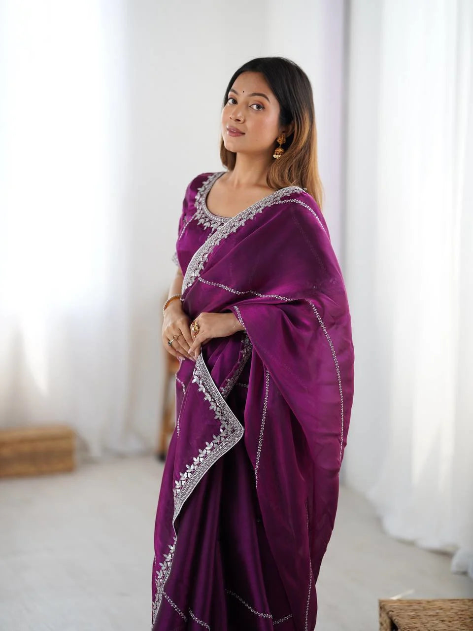 Luxury Wine Silk Saree with Intricate Thread Sequnce Work & Designer Blouse