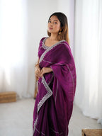 Luxury Wine Silk Saree with Intricate Thread Sequnce Work & Designer Blouse