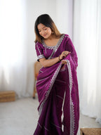 Luxury Wine Silk Saree with Intricate Thread Sequnce Work & Designer Blouse