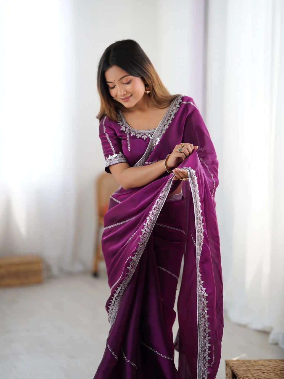 Luxury Wine Silk Saree with Intricate Thread Sequnce Work & Designer Blouse