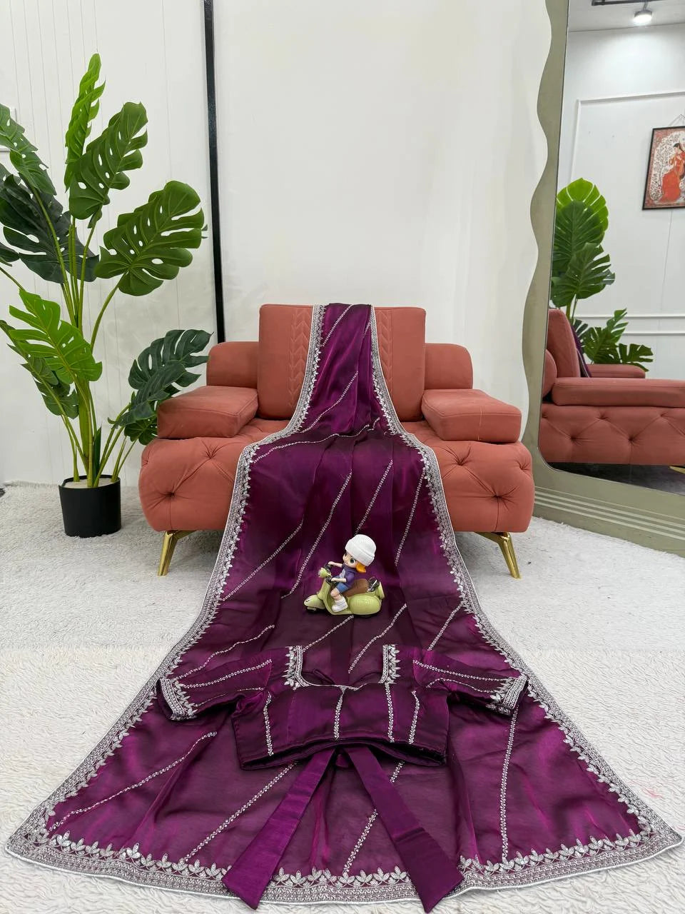 Luxury Wine Silk Saree with Intricate Thread Sequnce Work & Designer Blouse