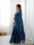 Teal Blue Silk Saree & Blouse With Thread & Sequin Work