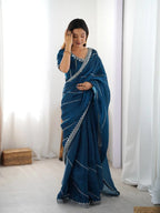 Teal Blue Silk Saree & Blouse With Thread & Sequin Work