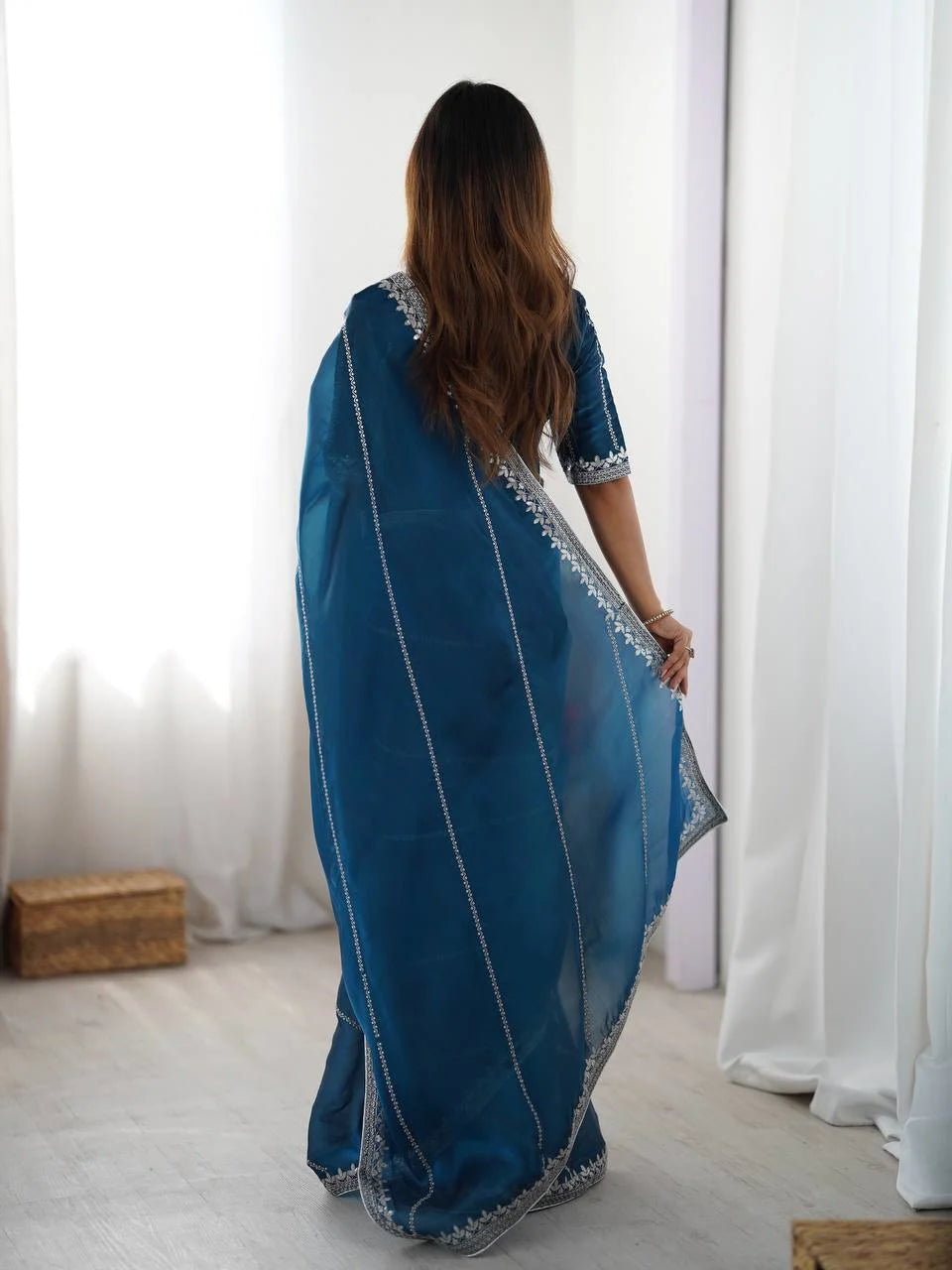 Teal Blue Silk Saree & Blouse With Thread & Sequin Work