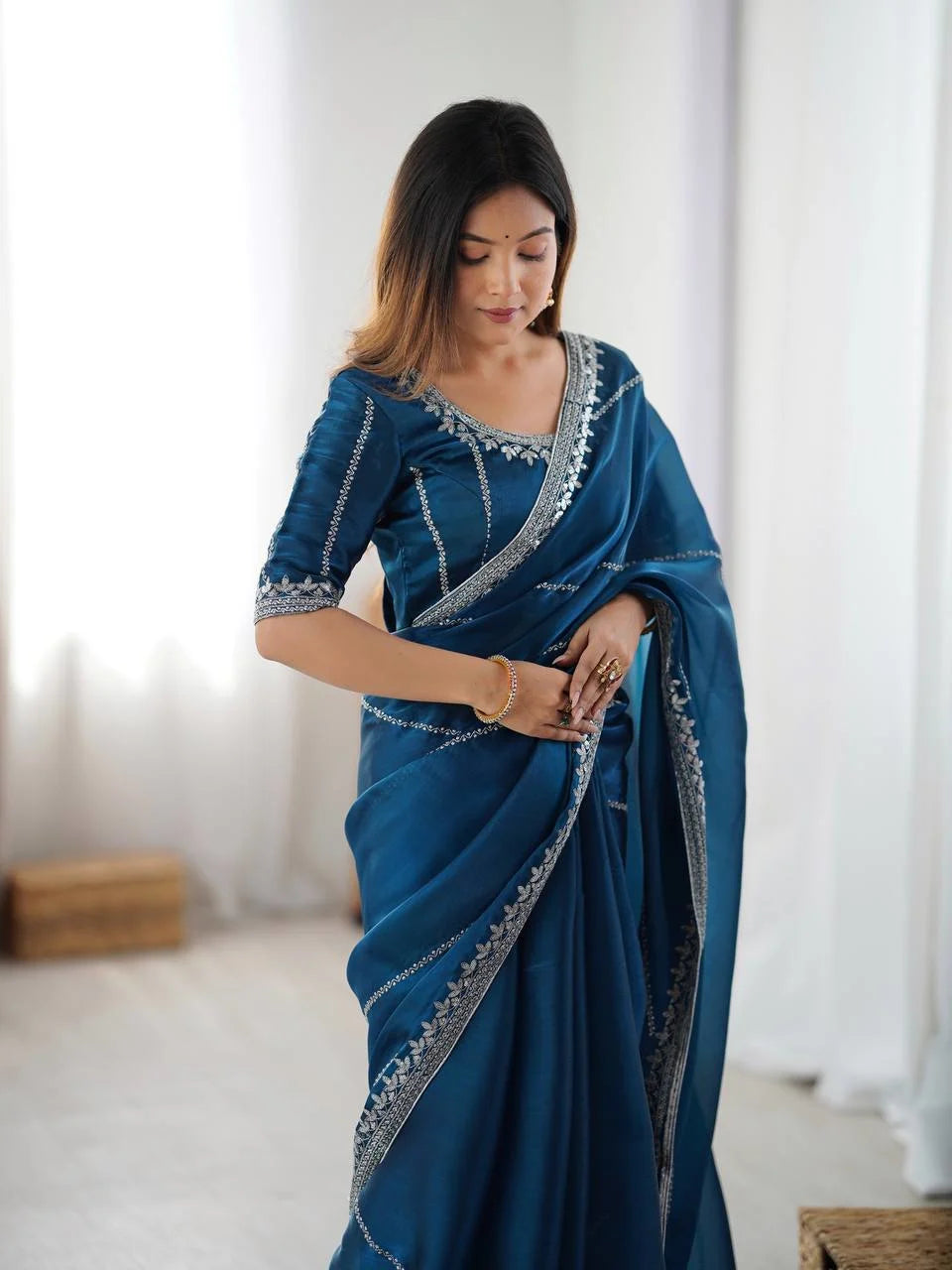 Teal Blue Silk Saree & Blouse With Thread & Sequin Work