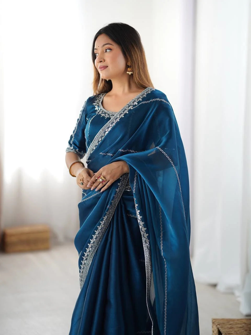 Teal Blue Silk Saree & Blouse With Thread & Sequin Work