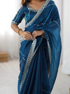 Teal Blue Silk Saree & Blouse With Thread & Sequin Work