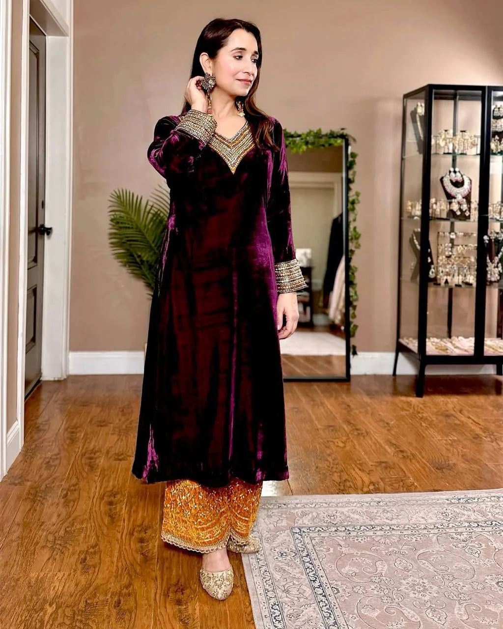 Elegant Velvet Top & Plazzo with Real Mirror Work & Georgette Dupatta