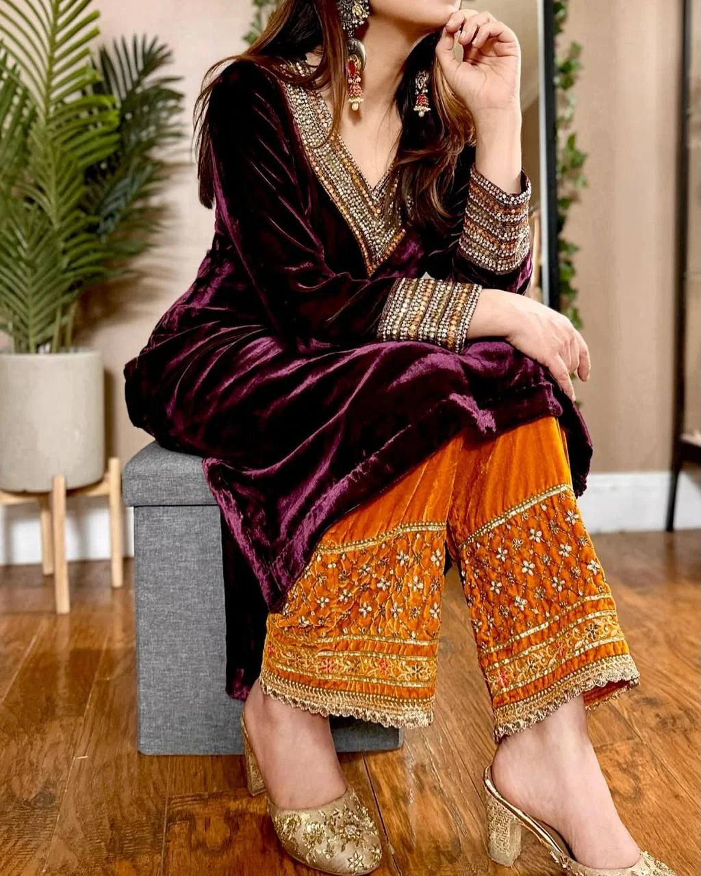 Elegant Velvet Top & Plazzo with Real Mirror Work & Georgette Dupatta