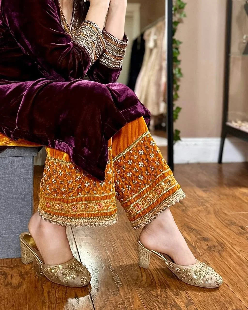 Elegant Velvet Top & Plazzo with Real Mirror Work & Georgette Dupatta