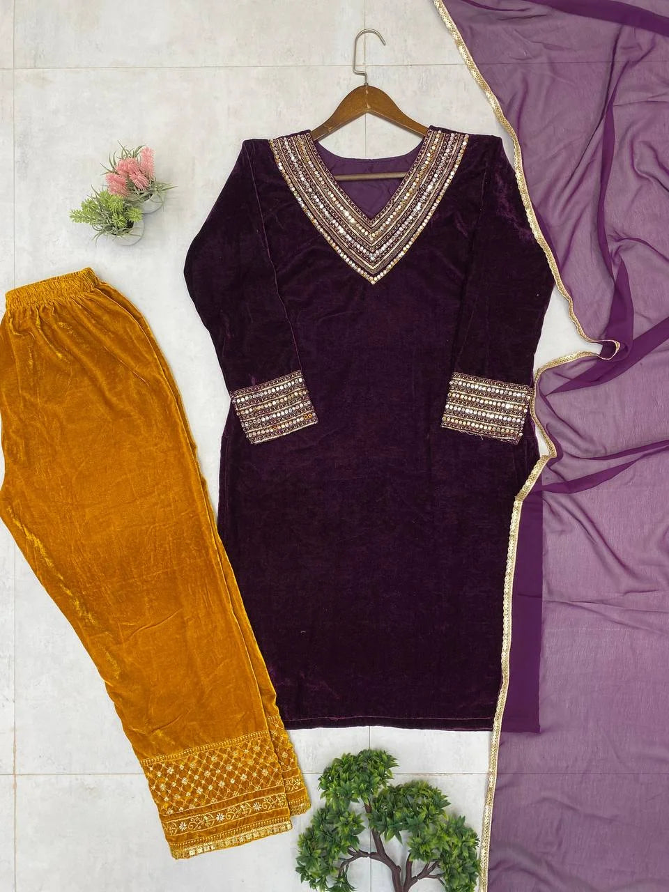 Elegant Velvet Top & Plazzo with Real Mirror Work & Georgette Dupatta
