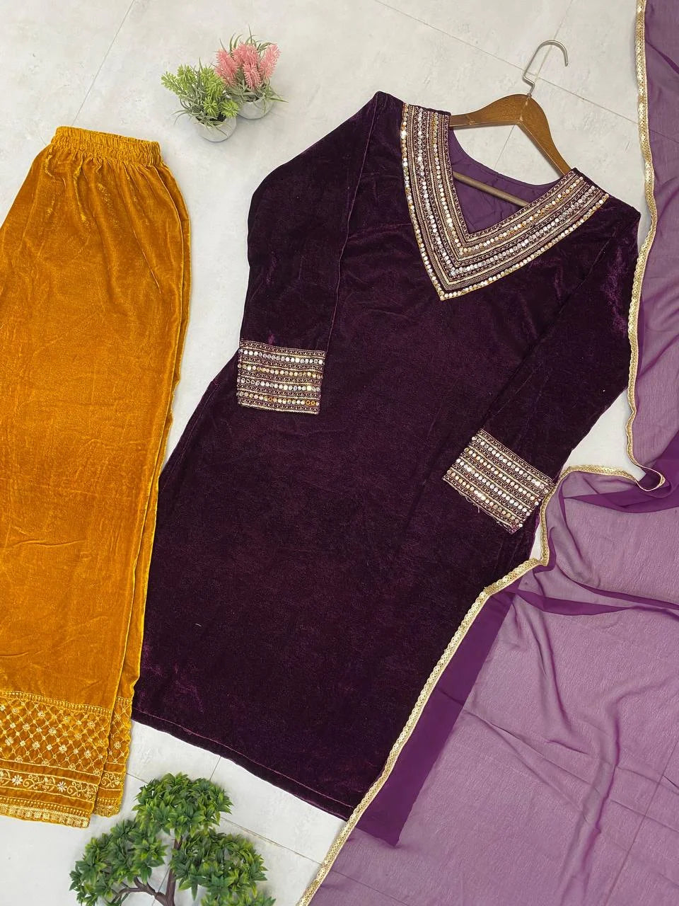 Elegant Velvet Top & Plazzo with Real Mirror Work & Georgette Dupatta