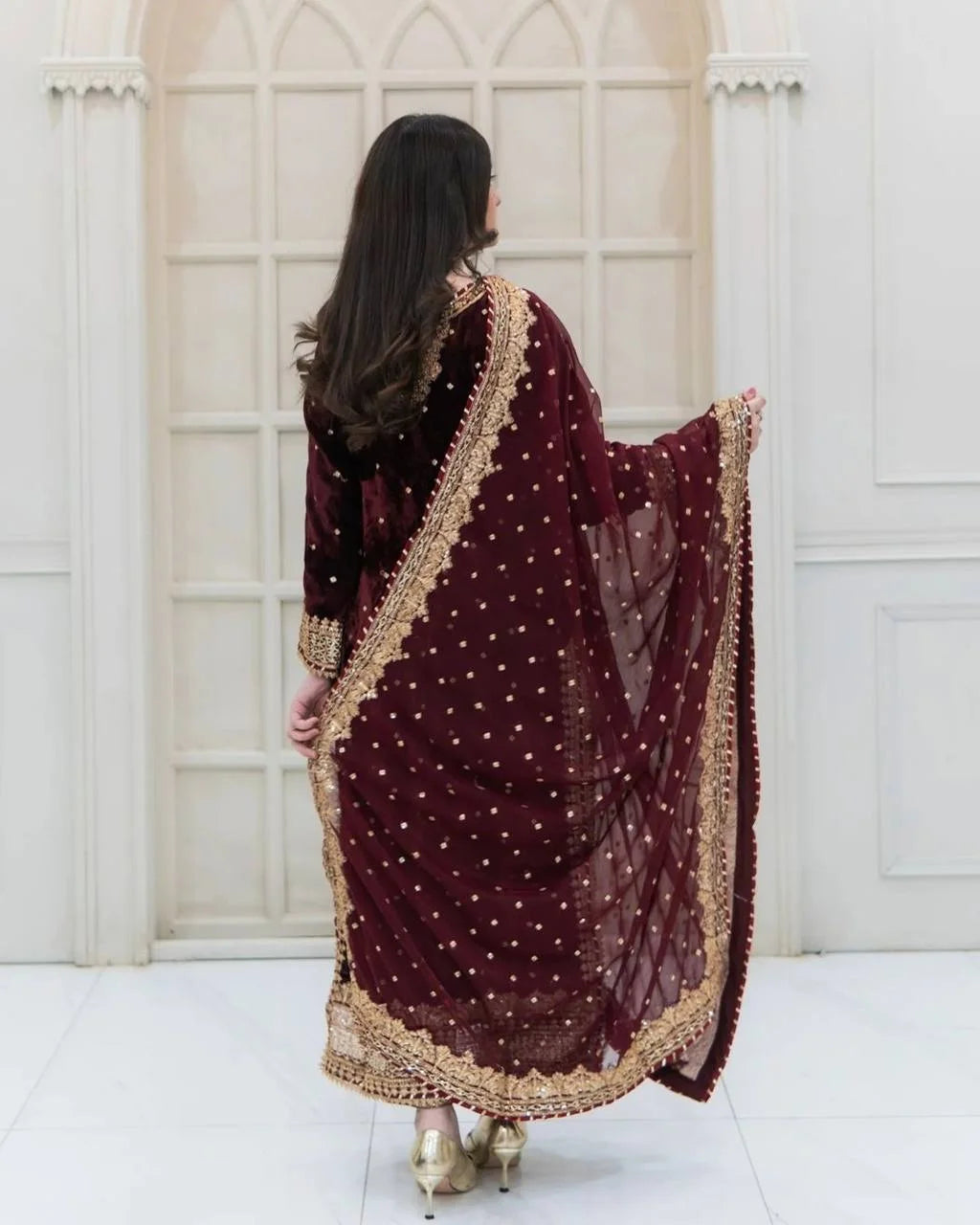 Designer Velvet Embroidery Sequence Work Set with Dupatta